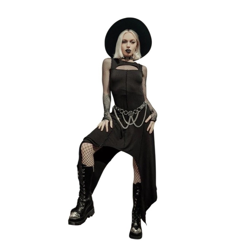 Killstar Womens Black Ribbed Cutout Handkerchief Hem Tunic Top Sleeveless Medium